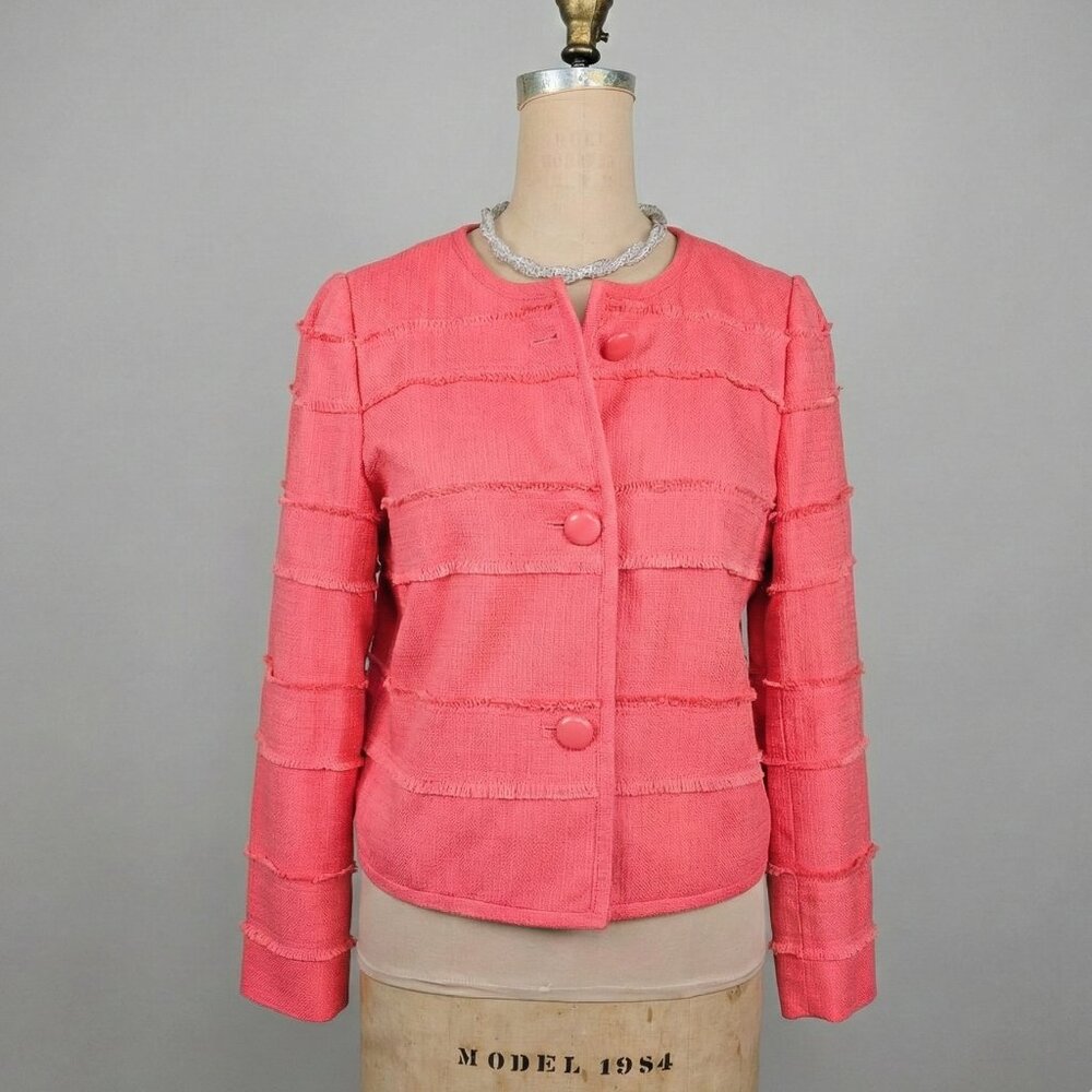 J.Crew Coral Fringe-Trim Cropped Jacket Size 10 Raw Edge Tiered Statement Blazer - Picture 5 of 13